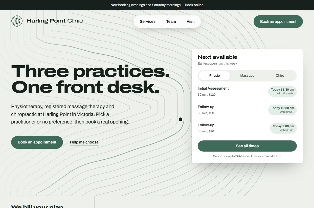 Harling Point Clinic demo homepage: next available appointments by practice
